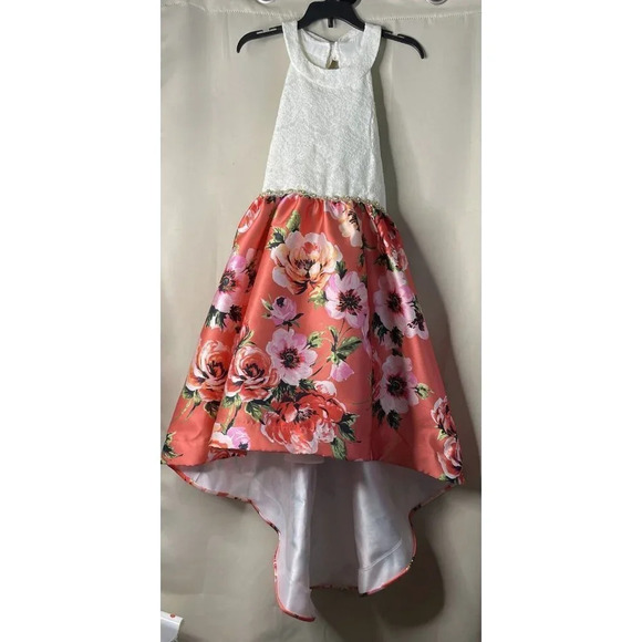 Rare Editions Girls Dress Floral Coral High Low Rhinestone Sequin Accents NEW 16